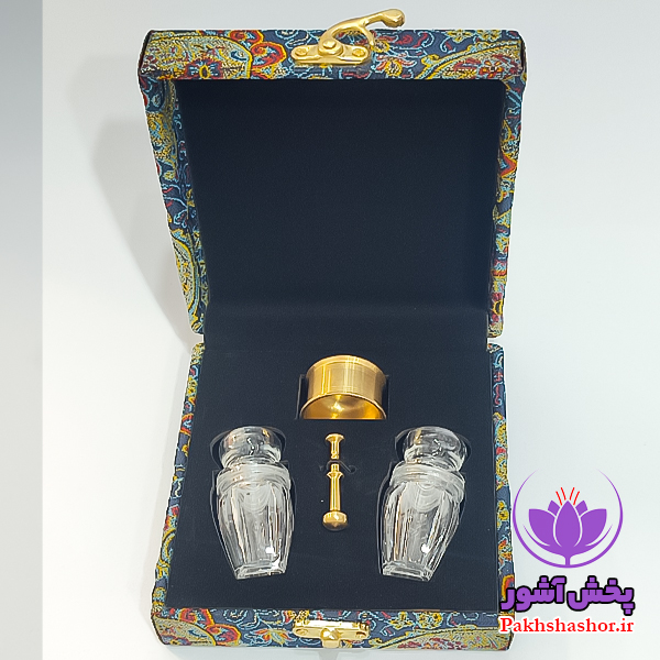 ظروف بسته بندی زعفران – جعبه کادویی ترمه به همراه 2 گوهر نقلی و هاون نقلی