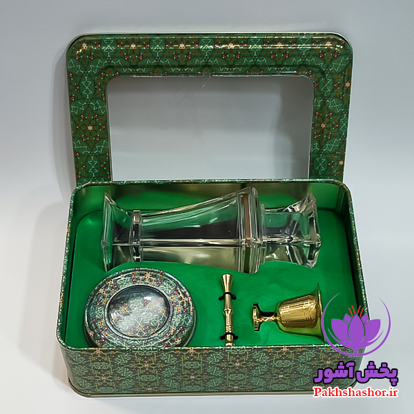 ظروف بسته بندی زعفران – جعبه کادویی خاتم مستطیل به همراه برلیان متوسط و خاتم 3 گرم و هاون گلدانی -سبز مشکی آبی