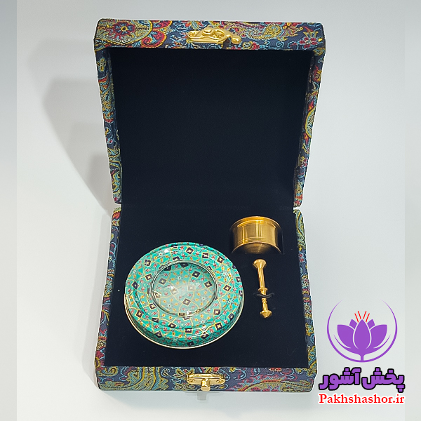 ظروف بسته بندی زعفران – جعبه کادویی ترمه به همراه خاتم3گرم و هاون نقلی