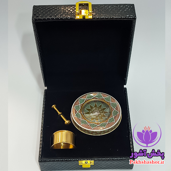 ظروف بسته بندی زعفران – جعبه کادویی چرم به همراه خاتم5گرم و هاون نقلی