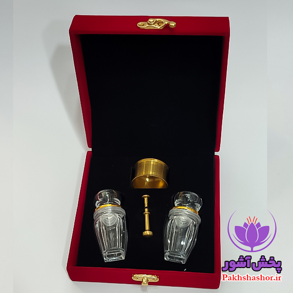 ظروف بسته بندی زعفران – جعبه کادویی مخمل به همراه 2گوهر متوسط و هاون نقلی